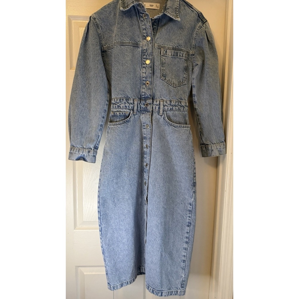 MNG Denim Midi Dress Women Size 2 Light Wash Blue Western Yoke Button Front Long - Picture 3 of 8